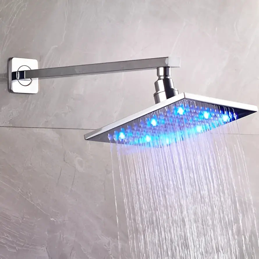 DecorBites™ 8 inch brass square led rainfall shower head with sleek chrome finish and blue led lights wall mount arm pipe