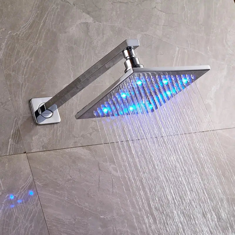 Chrome-finished brass square led shower head with integrated blue led lights for modern square led rainfall shower systems