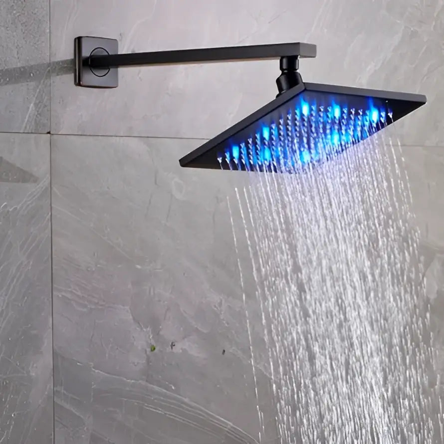Black brass square led shower head with blue led lights and wall mount arm pipe for square led rainfall experience