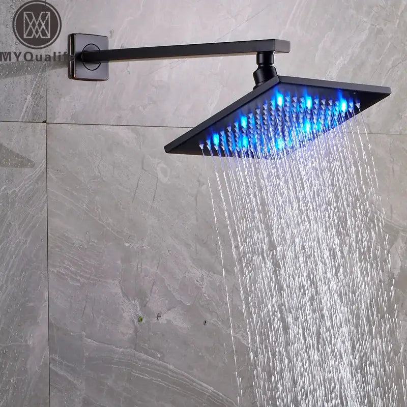Decorbites™ brass square led 8 inch black shower head with blue led lights and modern square led rainfall design