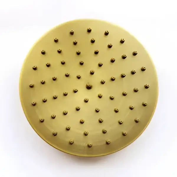 Decorbites™ 8 inch copper round overhead rain shower head in antique brass finish with gold textured surface and nozzles