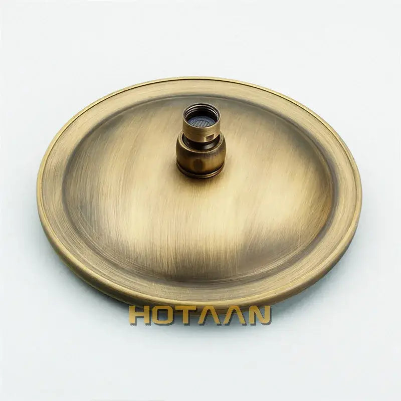 Antique brass finish DecorBites 8 inch copper rain shower head base with brushed metal surface and threaded connection
