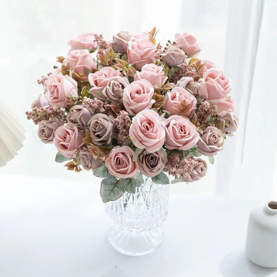 A decorbites™ 8-head 30cm pink peony silk bouquet with mauve roses and green leaves in a clear crystal vase for home decor
