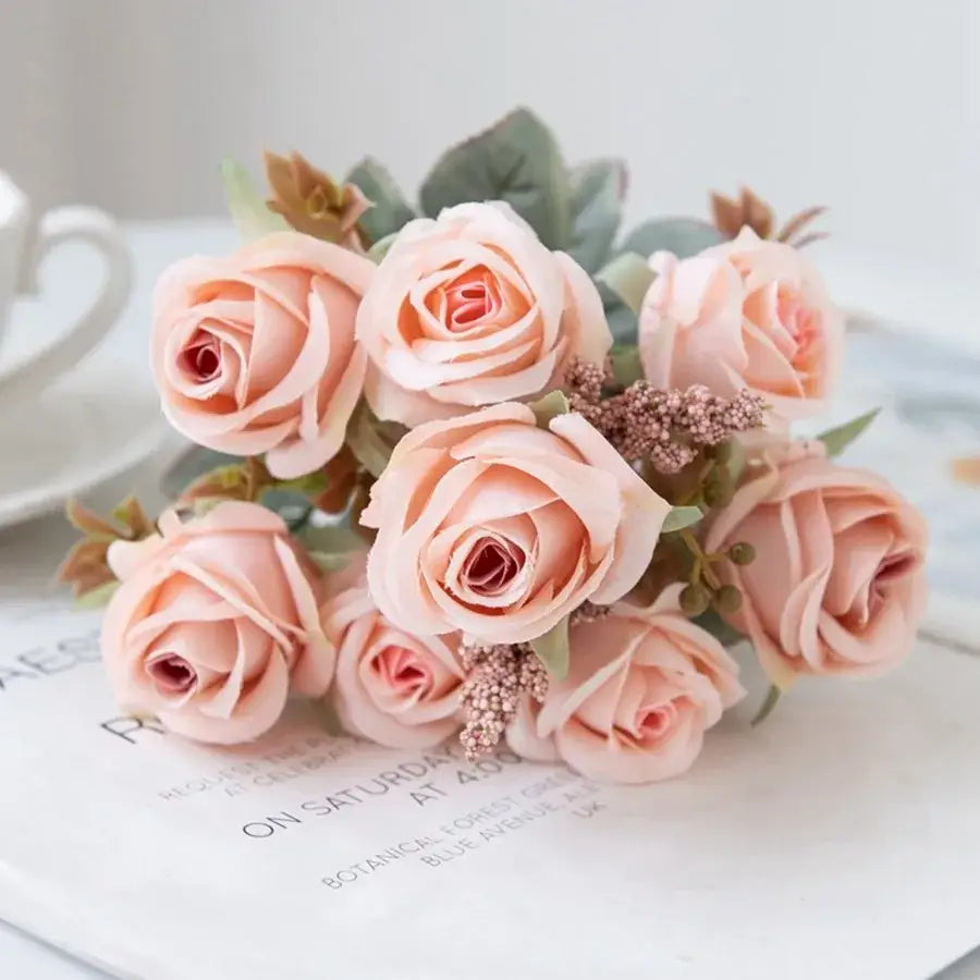 A delicate decorbites™ 8-head 30cm pink peony silk bouquet with soft peach artificial roses and green leaves for decoration