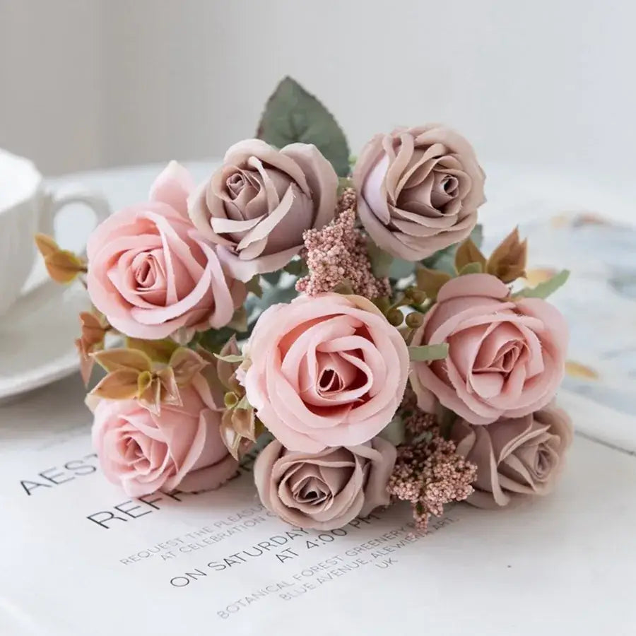Delicately crafted decorbites™ 8-head 30cm pink peony silk bouquet with mauve accents and berry embellishments for decoration