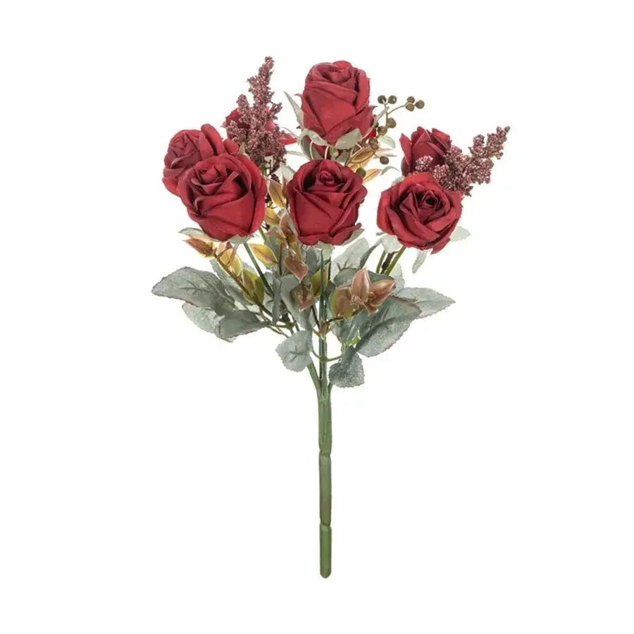 A decorbites™ pink peony silk bouquet featuring artificial red roses with green stems and purple berry accents
