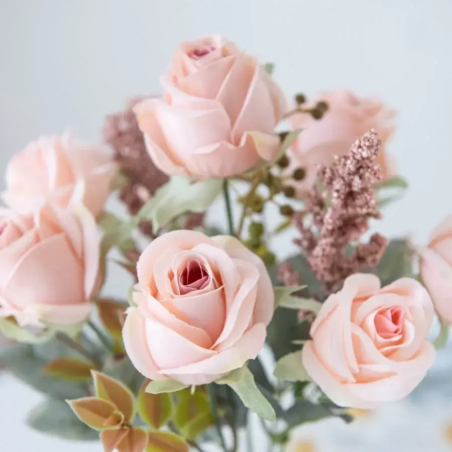 Decorbites™ 8-head 30cm pink peony silk bouquet with blush pink artificial roses and green foliage for wedding decor