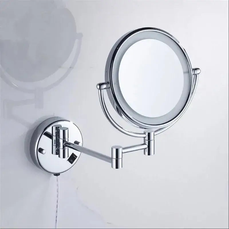 Chrome-finished wall-mounted makeup mirror with adjustable arms and circular frame for brass led folding makeup use