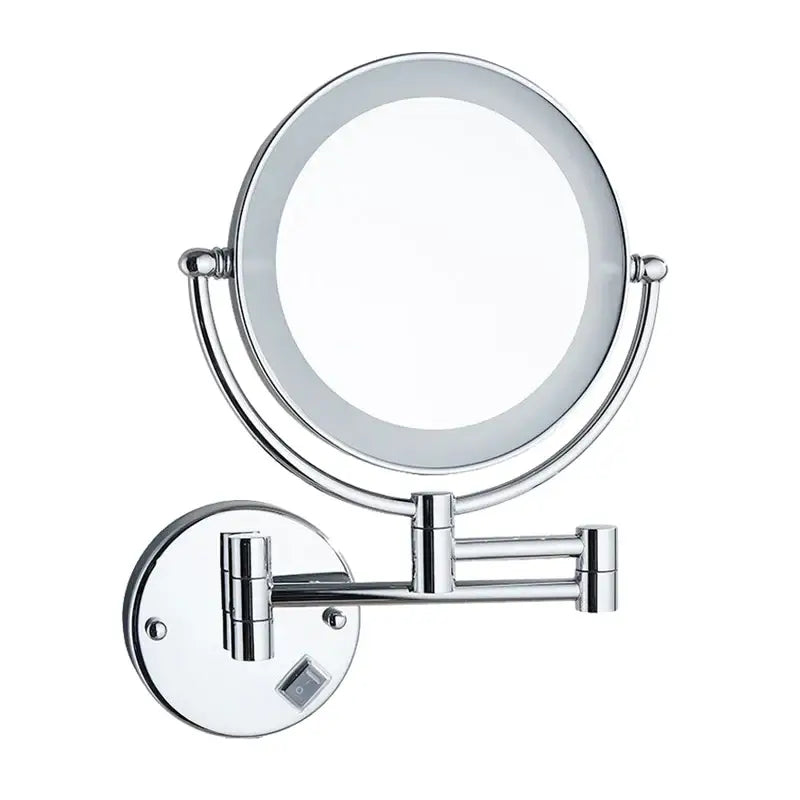 Chrome-finished wall-mounted makeup mirror with adjustable arms and circular led-lit frame for brass led folding use