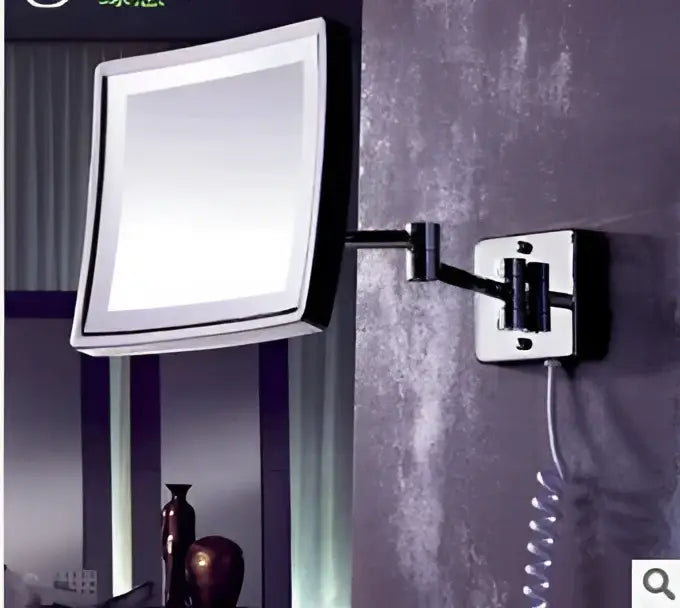 Silver-framed 8 inch brass LED magnifying wall mirror with 3X magnification for makeup and dressing use