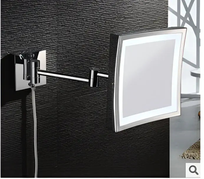 Silver-framed square brass magnifying wall mirror with LED lighting and 3X magnification for makeup and dressing