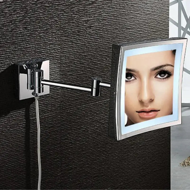 DecorBites silver-framed 8 inch brass LED magnifying wall mirror with adjustable arm for makeup and dressing