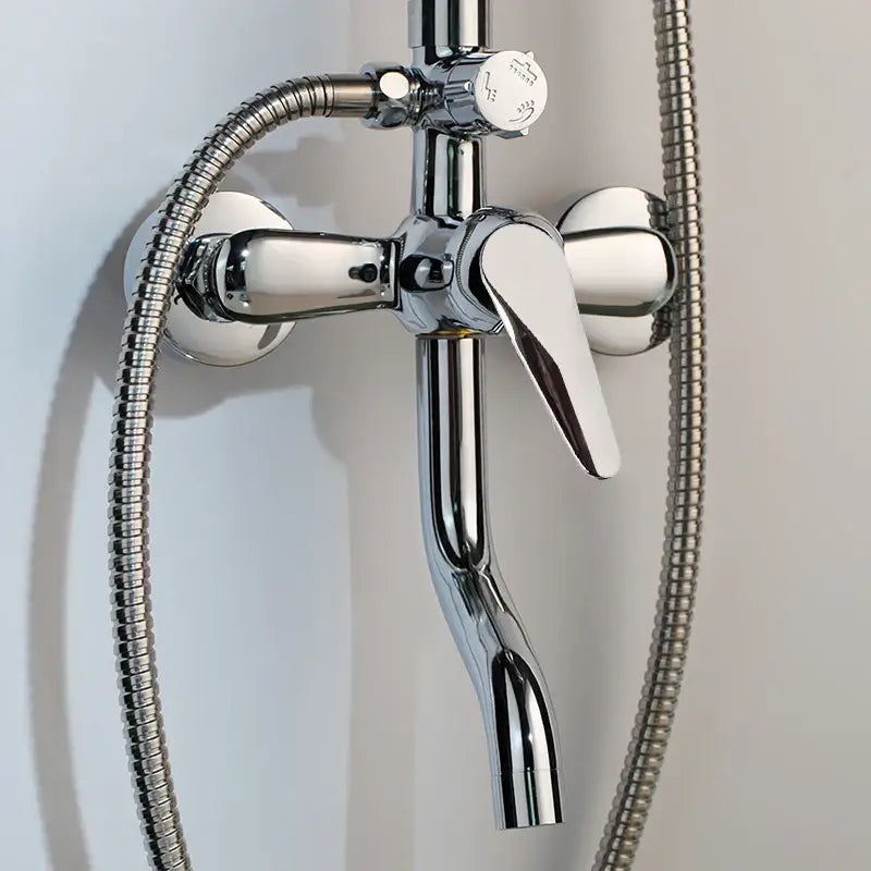 Chrome-finished decorbites™ 8-inch wall-mounted shower set with rainfall shower, adjustable height, and flexible braided hoses