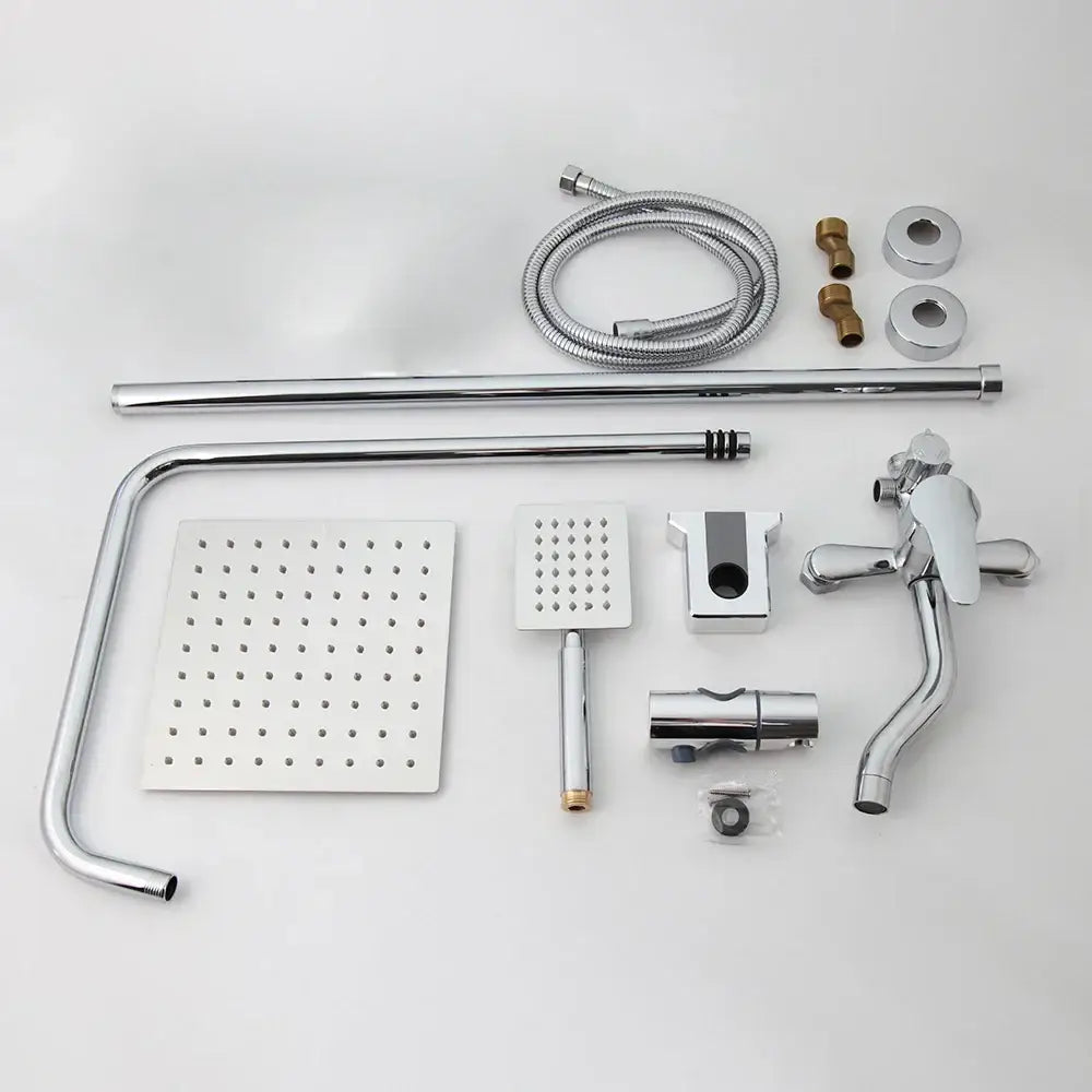 Chrome finished DecorBites™ 8-inch shower set with square rainfall showerhead, handheld spray, and adjustable height faucet assembly