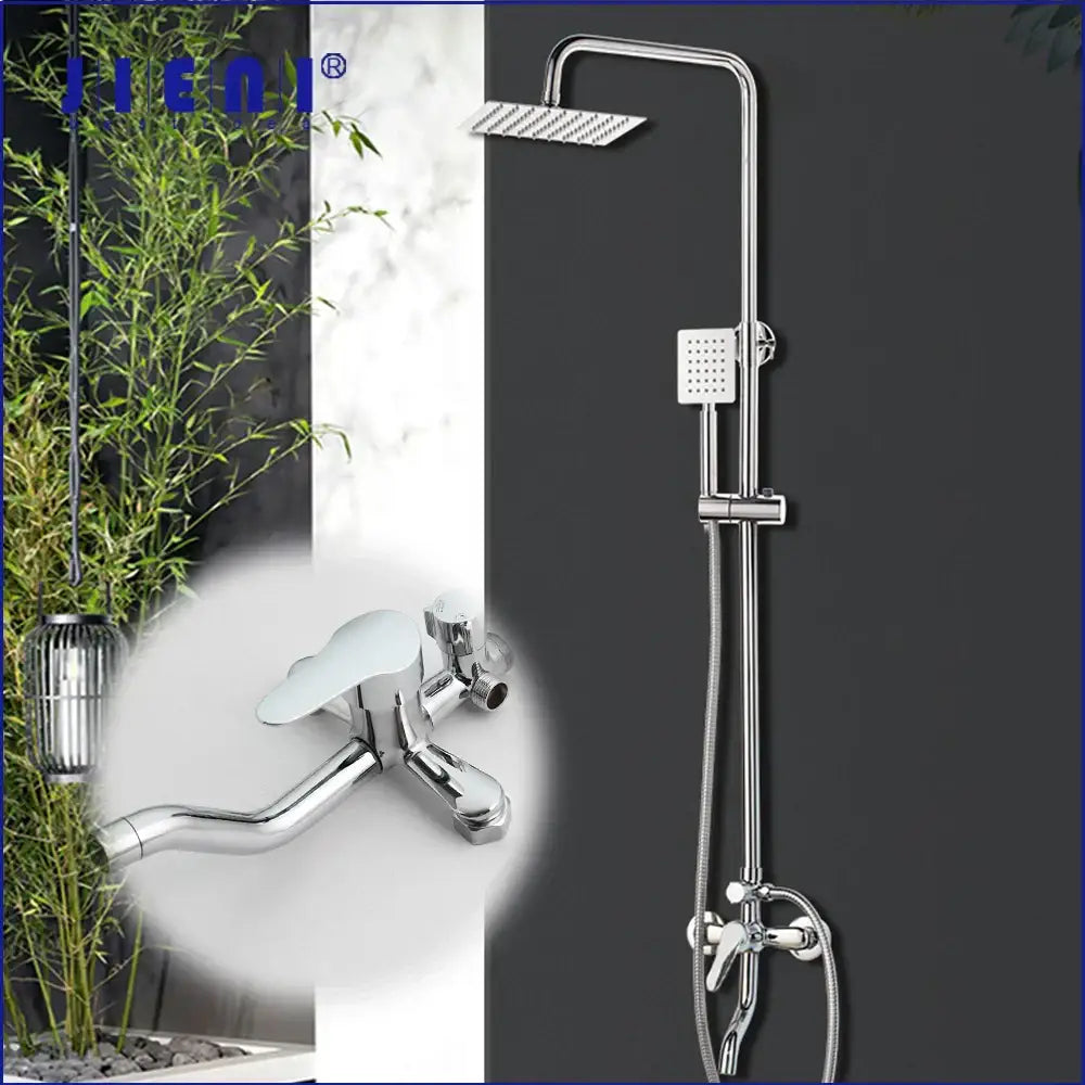 Decorbites™ 8-inch chrome shower set with rainfall shower, adjustable height, and handheld faucet in sleek modern design