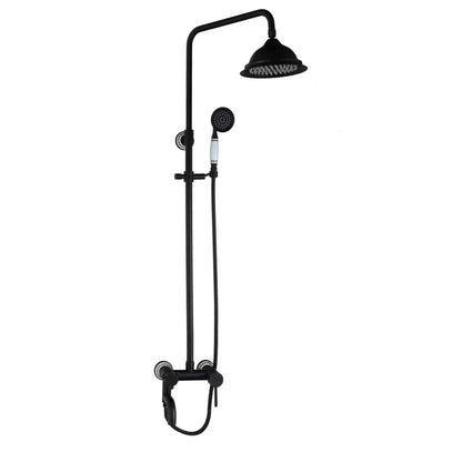 Decorbites™ 8 inch matte black shower faucet set with rainhead and handheld spray featuring chrome accents on handles
