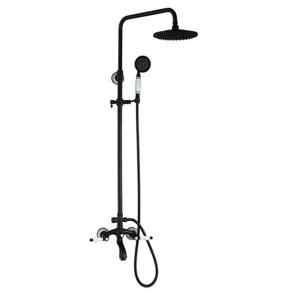 DecorBites™ shower faucet set with matte black finish, white ceramic handles, rectangular rainhead, and handheld spray