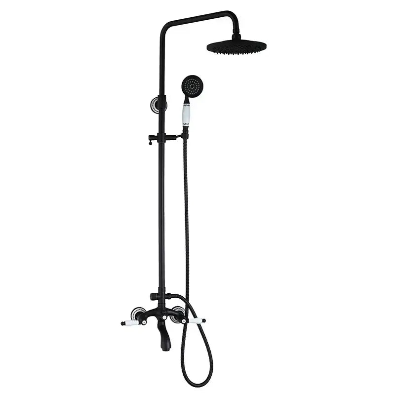 DecorBites™ shower faucet set with matte black finish, white ceramic handles, rectangular rainhead, and handheld spray