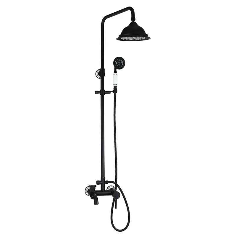 Decorbites 8 inch matte black shower faucet set with overhead rainhead and handheld spray nozzle for versatile use