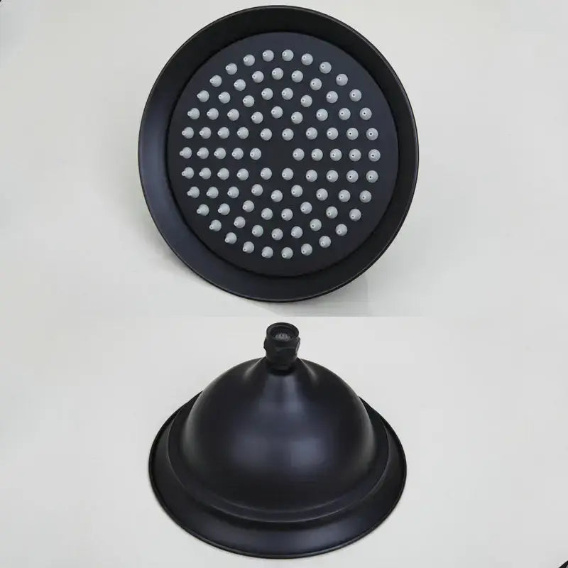 Black matte-finish 8 inch rainfall shower faucet set with circular nozzles and matching dome cover by decorbites