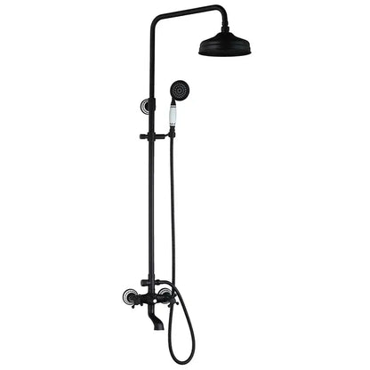 DecorBites™ 8 inch matte black shower faucet set with white ceramic accents features rainhead and handheld spray head