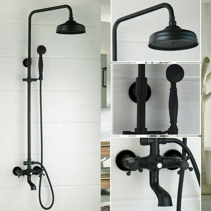 Decorbites™ 8 inch matte black shower faucet set with fixed overhead rainhead handheld spray and wall-mounted valve