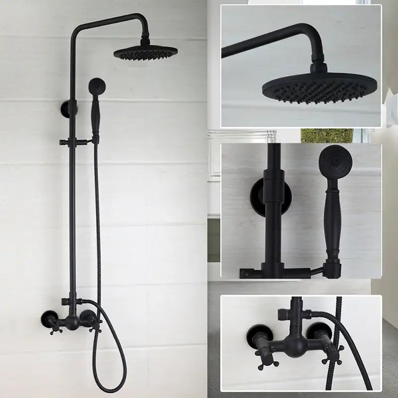Decorbites 8 inch matte black shower faucet set with fixed overhead rainhead and handheld spray nozzle