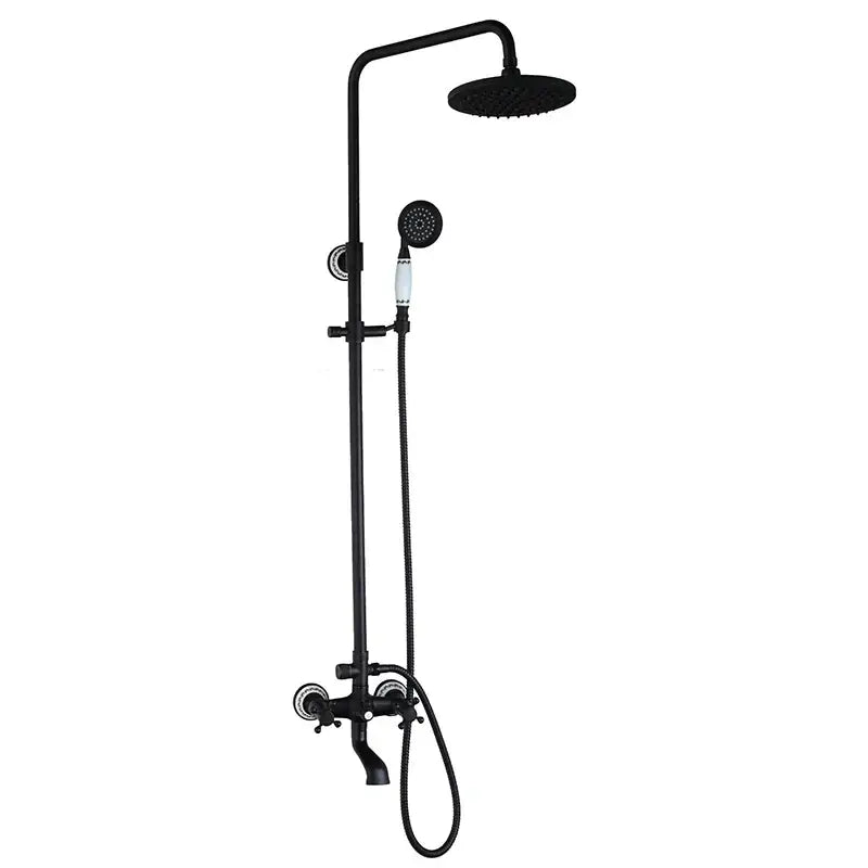 Decorbites™ 8 inch matte black shower faucet set with round rainhead handheld spray and white ceramic handles