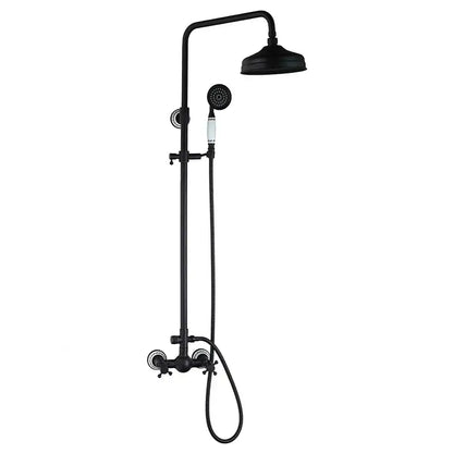 DecorBites™ 8 inch matte black shower faucet set with rainhead and handheld spray featuring white ceramic knobs