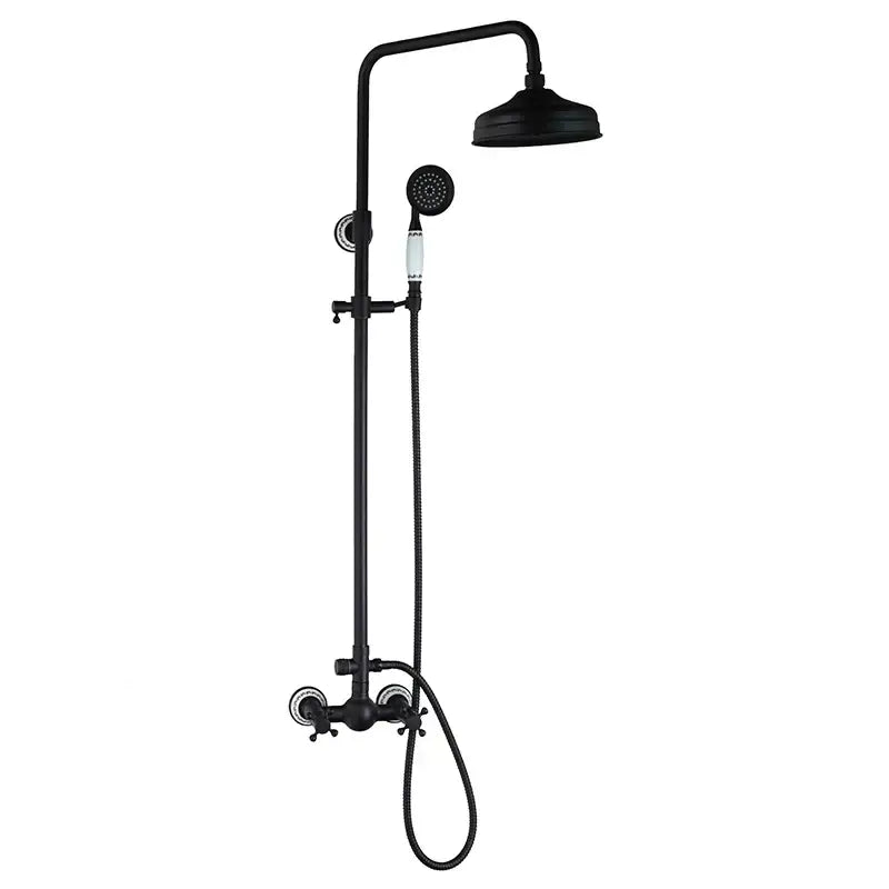 DecorBites™ 8 inch matte black shower faucet set with rainhead and handheld spray featuring white ceramic knobs