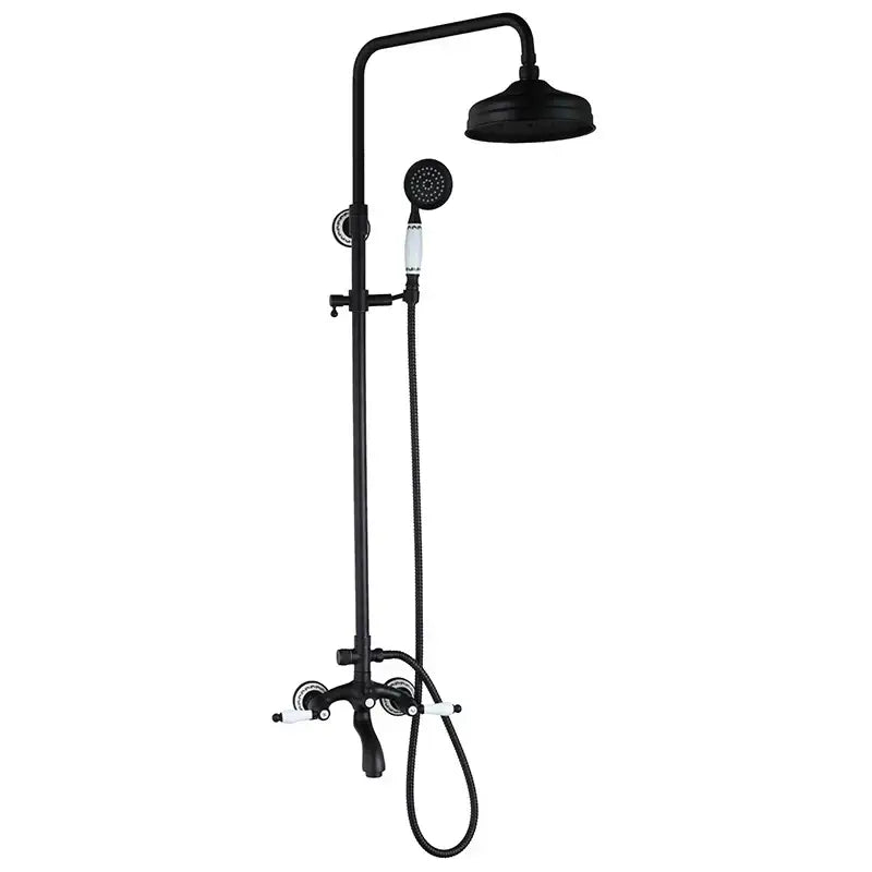 DecorBites™ 8 inch matte black shower faucet set with white ceramic handles includes rainhead and handheld sprayer