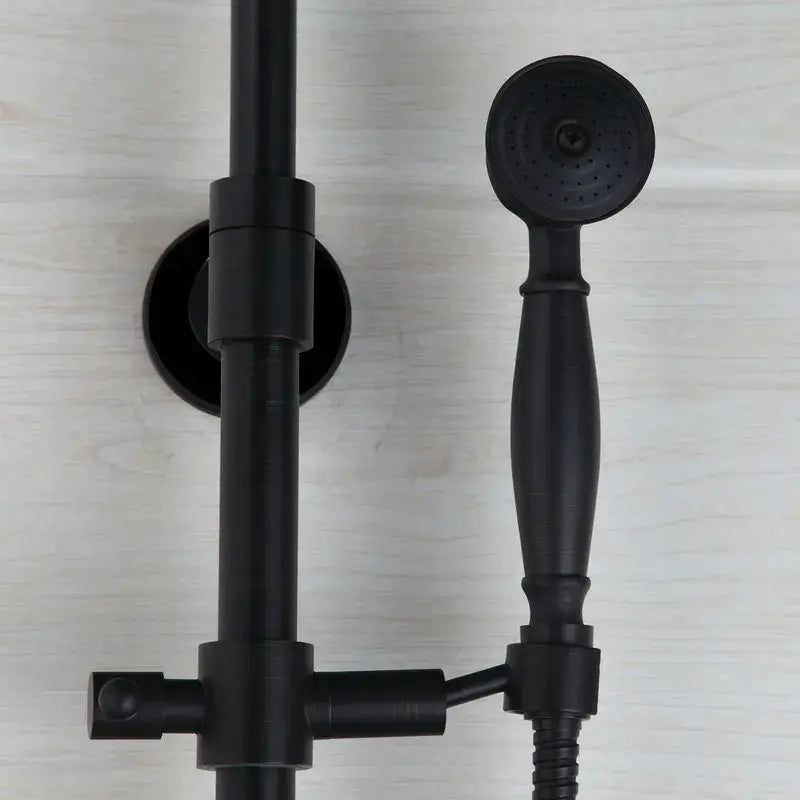 Decorbites™ 8 inch matte black shower faucet set with hand spray featuring a black matte shower head on vertical bar