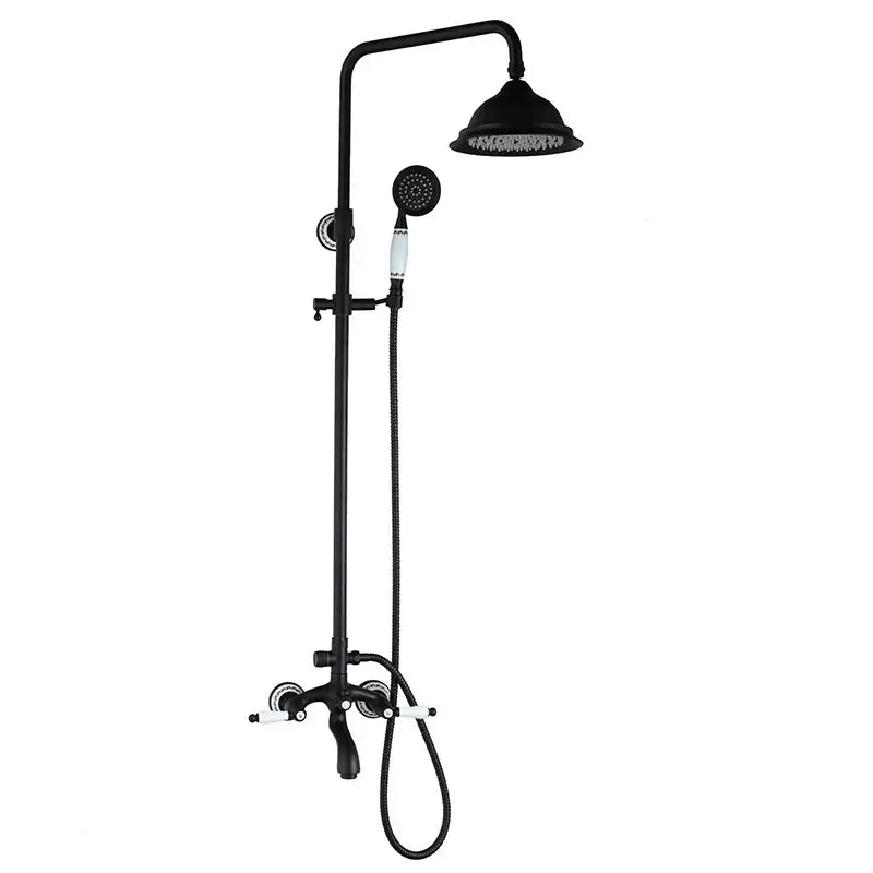 Decorbites™ 8 inch matte black shower faucet set with white ceramic handles includes rainhead and handheld sprayer