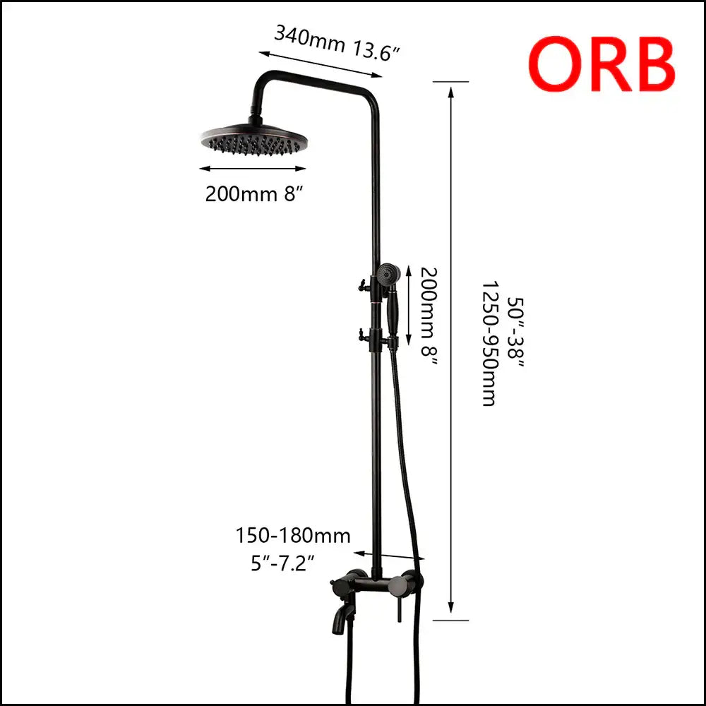 Decorbites™ 8 inch matte black shower faucet set with rainhead and handheld spray nozzle featuring orb logo