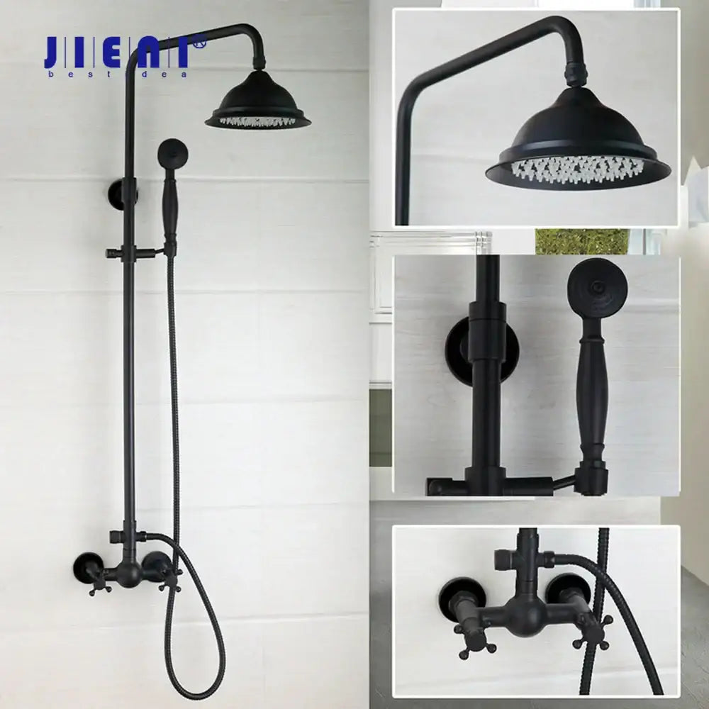 Decorbites™ 8 inch matte black shower faucet set with vintage design features rainfall head and handheld spray nozzle