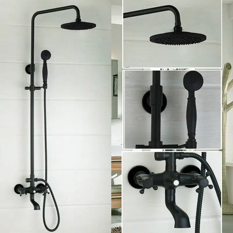 Decorbites™ 8 inch matte black shower faucet set with rectangular rainhead and handheld nozzle in black matte finish