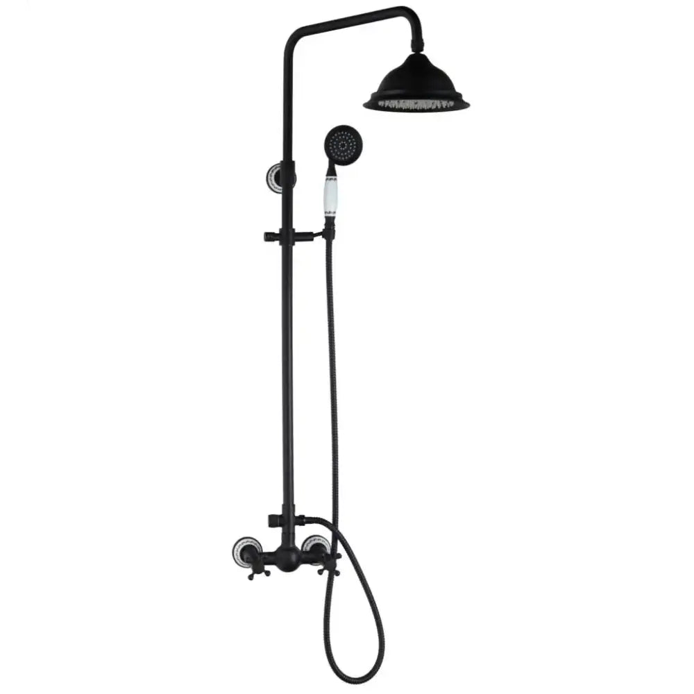 DecorBites™ 8 inch matte black shower faucet set with overhead rainhead and handheld spray featuring white ceramic handles