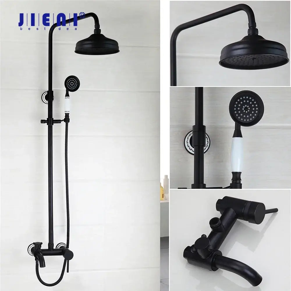 Decorbites™ 8 inch matte black shower faucet set with fixed overhead rainhead and handheld spray with ceramic handle