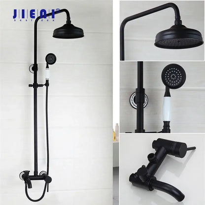 Decorbites™ 8 inch matte black shower faucet set with fixed overhead rainhead and handheld spray with ceramic handle