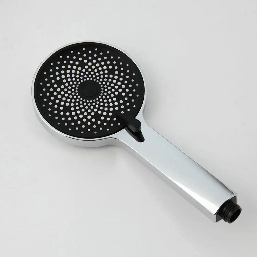Chrome finished handheld showerhead with black perforated face in decorbites 8 inch stainless steel rainfall shower set