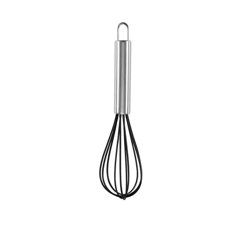 A sleek black stainless steel silicone whisk mixer with polished handle and loop for baking and cooking by decorbites