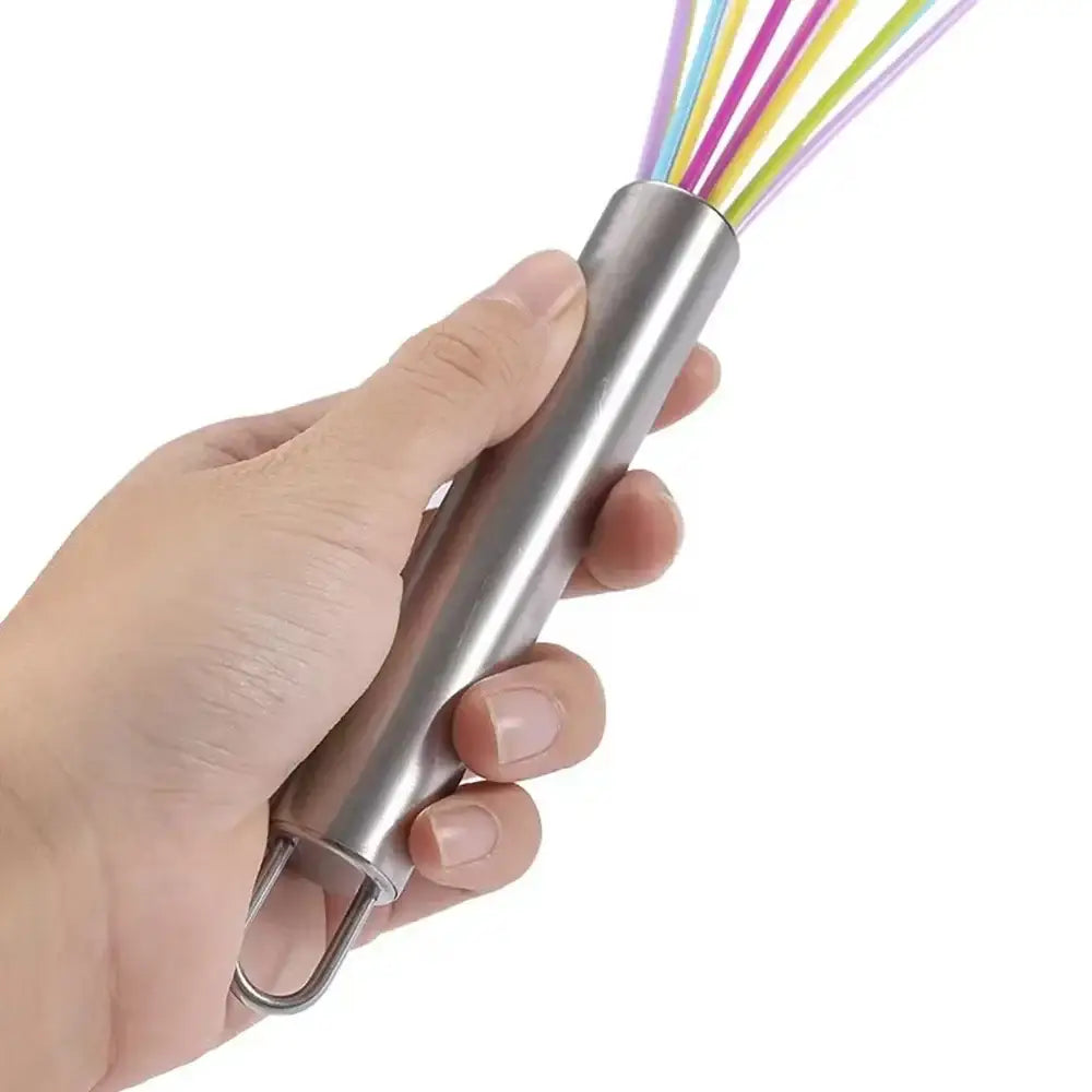 A sleek decorbites™ 8-inch stainless steel silicone whisk mixer with vibrant multicolored beaters for baking and cooking