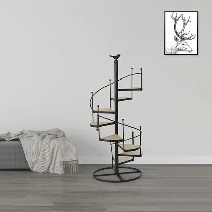 Decorbites™ black metal plant stand with stair shape and wood plate featuring eight layers and bird finial top