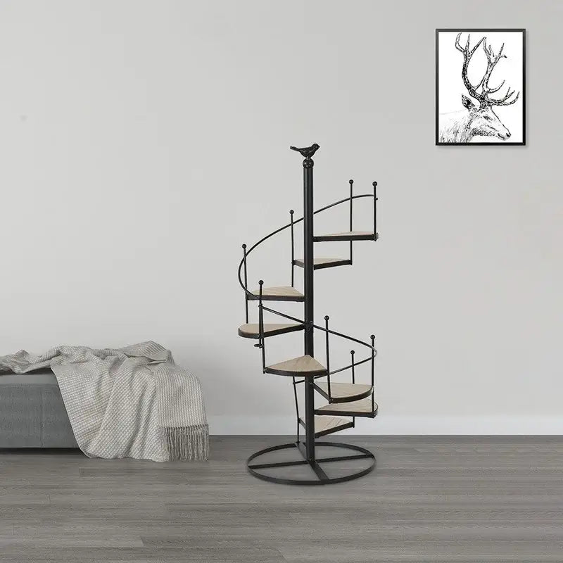 Decorbites™ black metal plant stand with stair shape and wood plate featuring eight layers and bird finial top