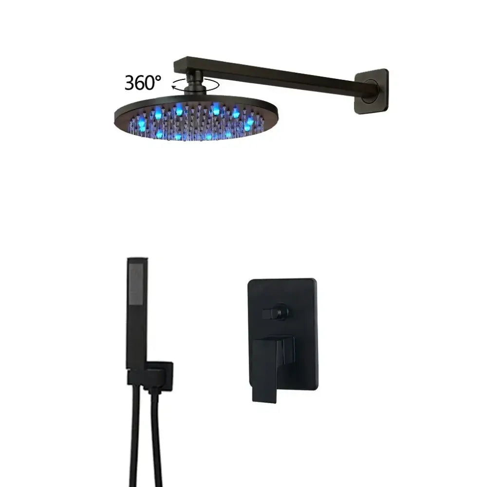 DecorBites™ 8 inch matte black wall mounted rainfall shower faucet set with blue led lights and handheld shower