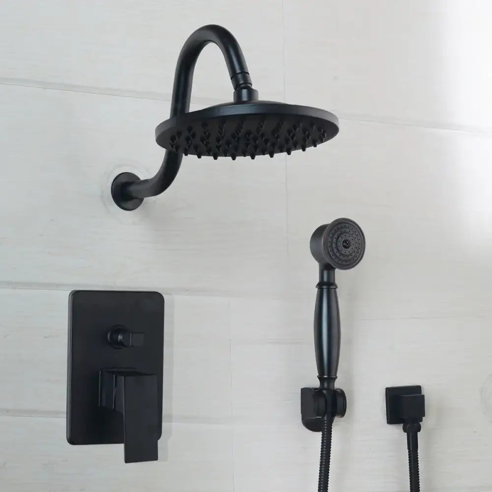 Decorbites™ 8 inch matte black wall mounted shower faucet set with round rainhead handheld sprayer and control valve
