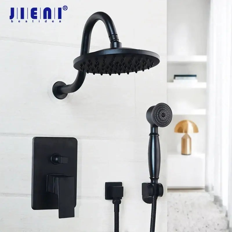 Decorbites™ 8 inch matte black wall mounted rainfall shower faucet set with handheld sprayer and control valve