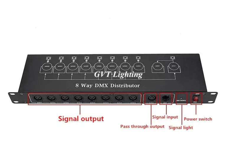 Black DecorBites 8-port DMX signal amplifier splitter with eight outputs pass-through and power switch for LED lights