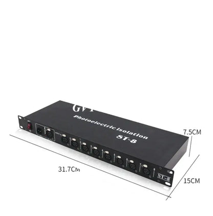 Black rectangular photoelectric signal amplifier splitter with eight xlr input output ports labeled st-8 for led lights