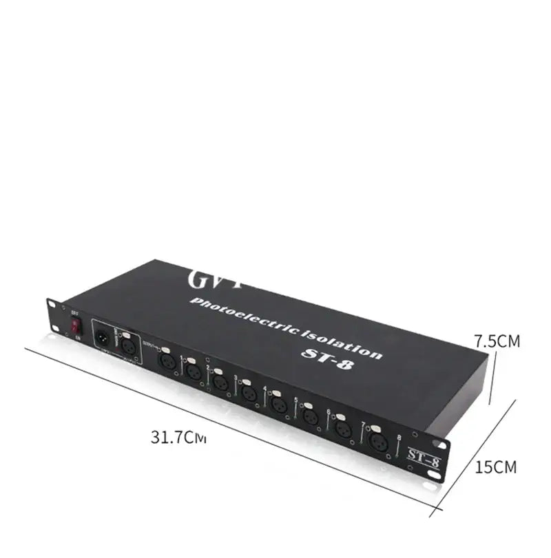 Black rectangular photoelectric signal amplifier splitter with eight xlr input output ports labeled st-8 for led lights